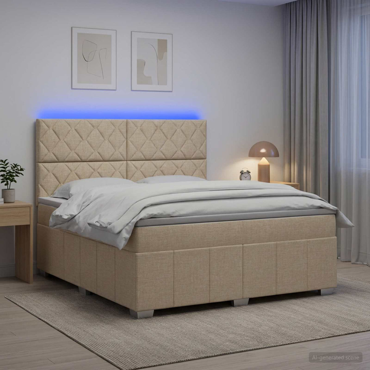 LED Boxspring Ágy Mattal Krémszínű 140 x 190 cm Szövet 4