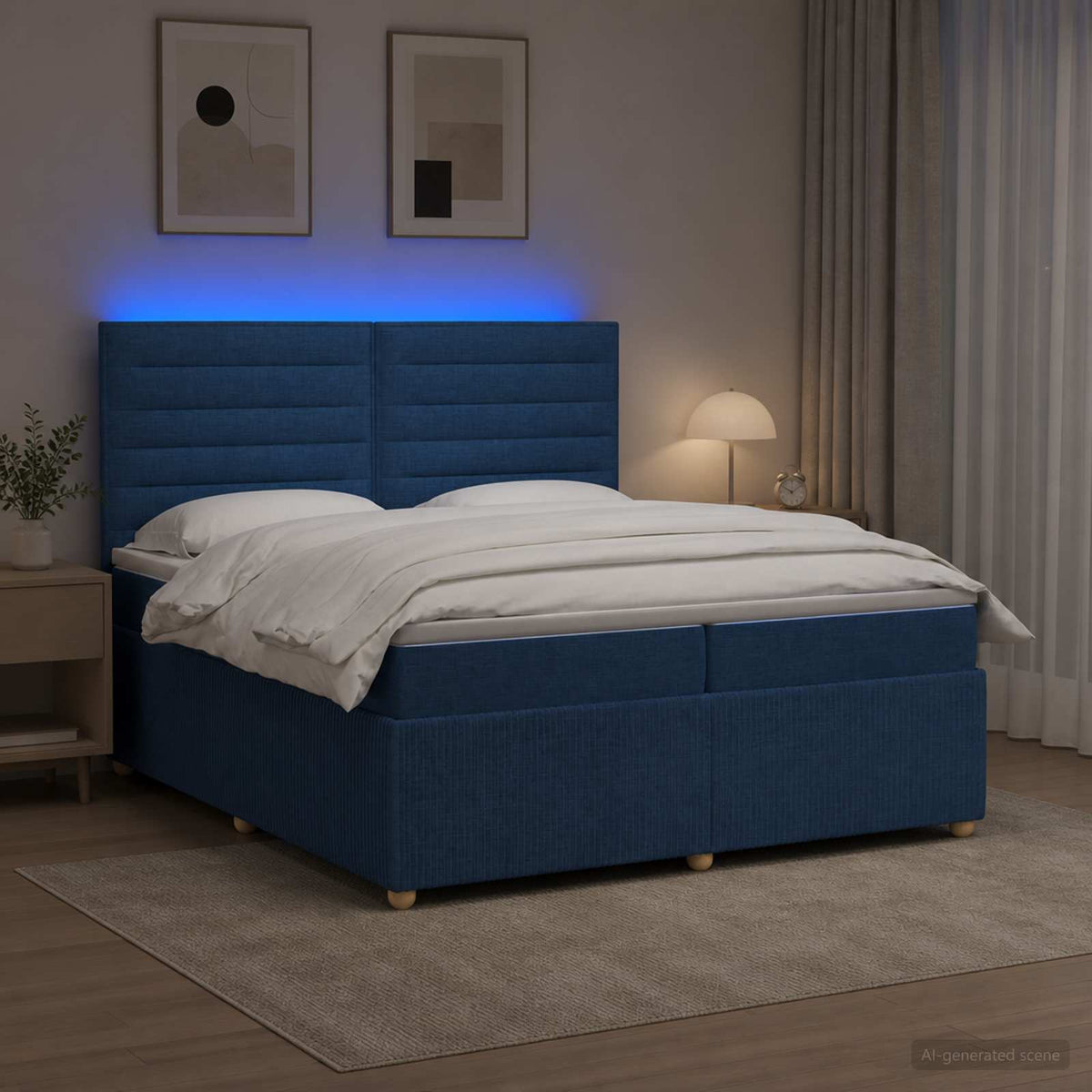 LED Boxspring Ágy Mattal fejtámlával Kék 200 x 200 cm Szövet