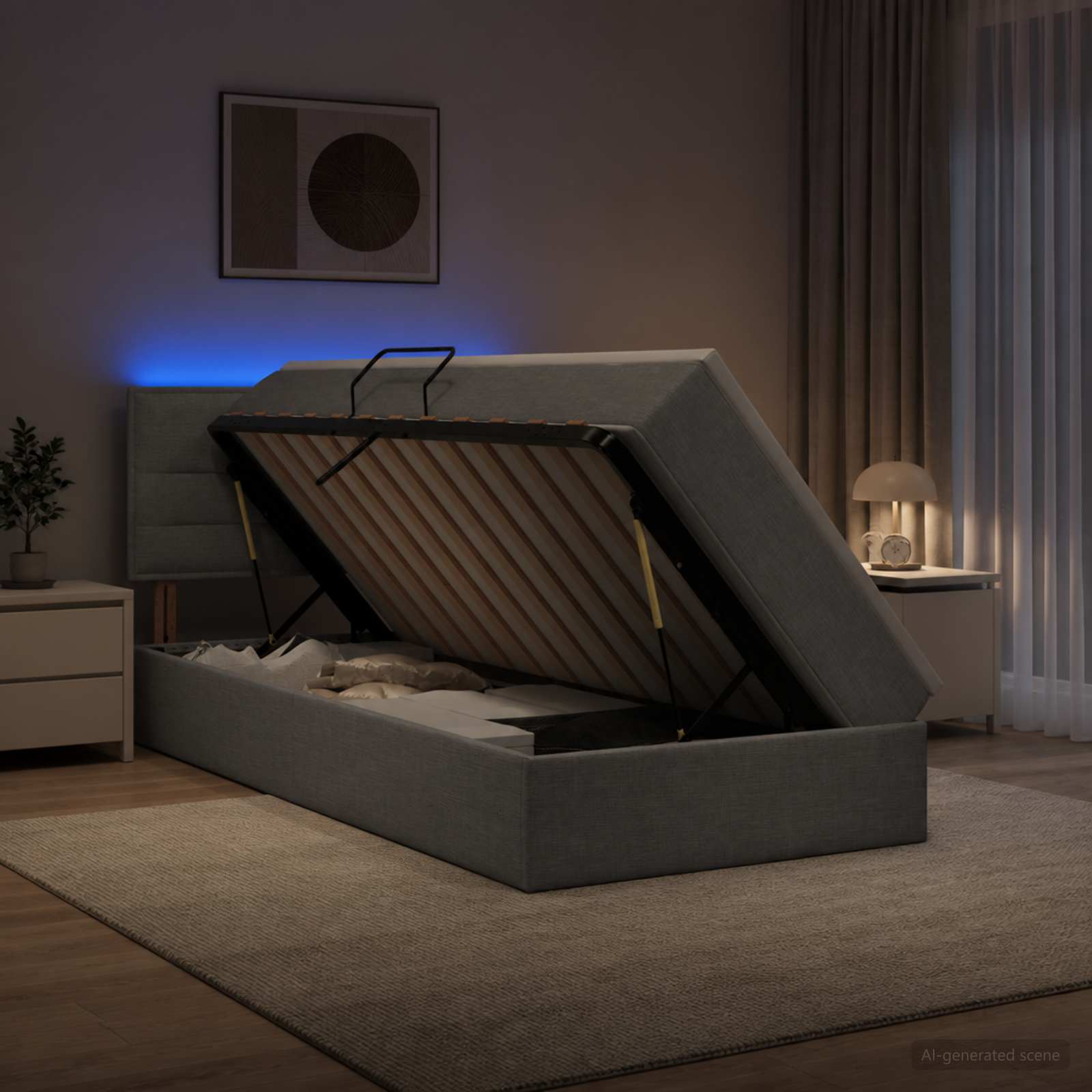 LED tárolós ágy matraccal Világosszürke 100 x 200 cm Szövet