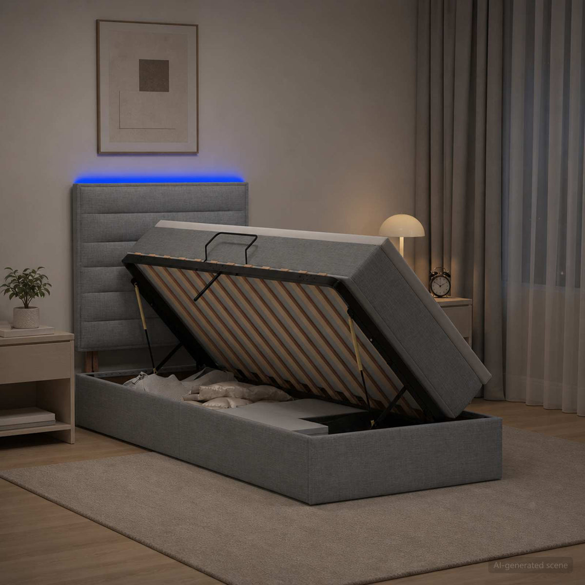 LED tárolós ágy matraccal Világosszürke 90 x 190 cm Szövet