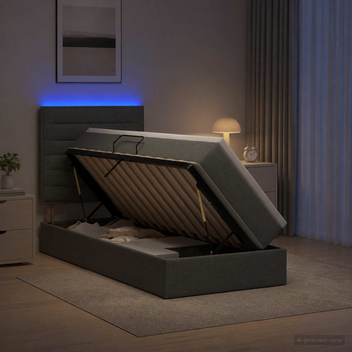 LED tárolós ágy matraccal Sötétszürke 90 x 190 cm Szövet