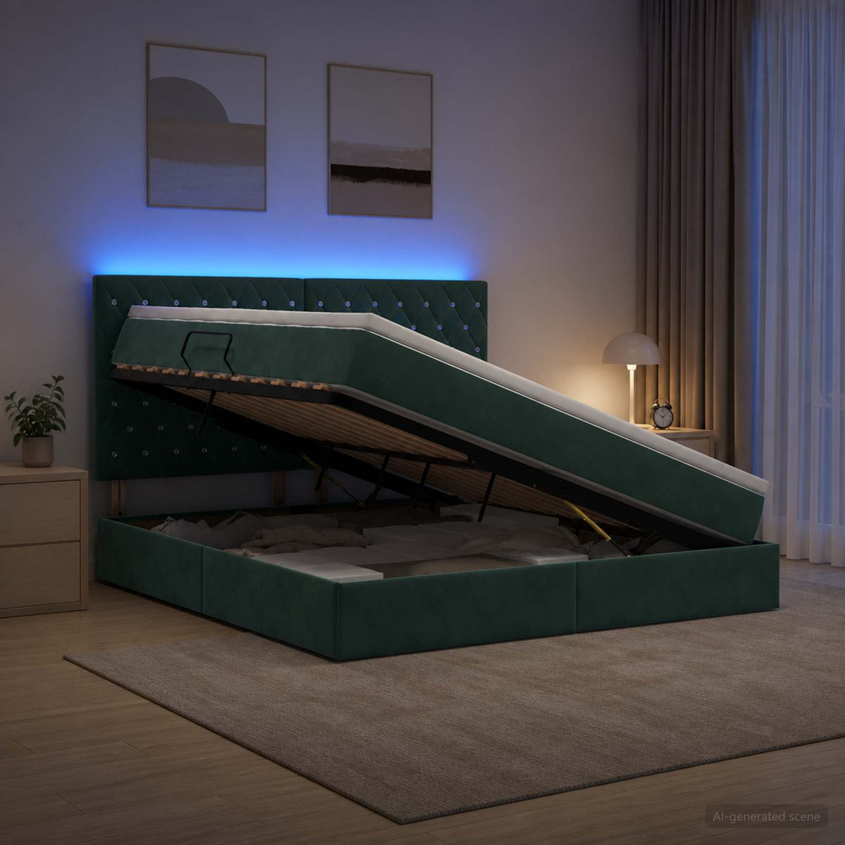 LED tárolós ágy matraccal Sötétzöld 160 x 200 cm Bársony 4