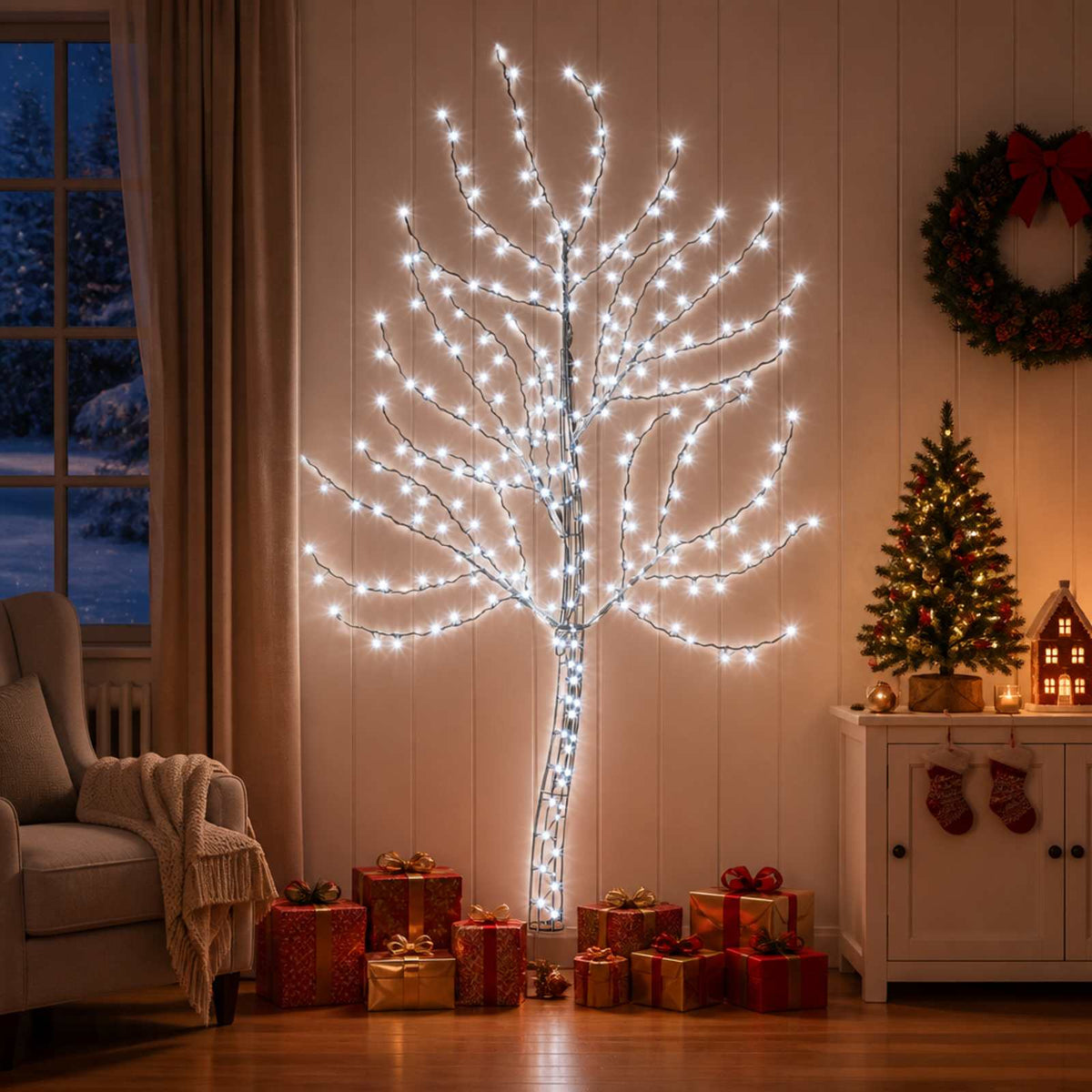 LED-es fali karácsonyfa 180 cm 200 LED Hideg fehér Acél Fekete 3
