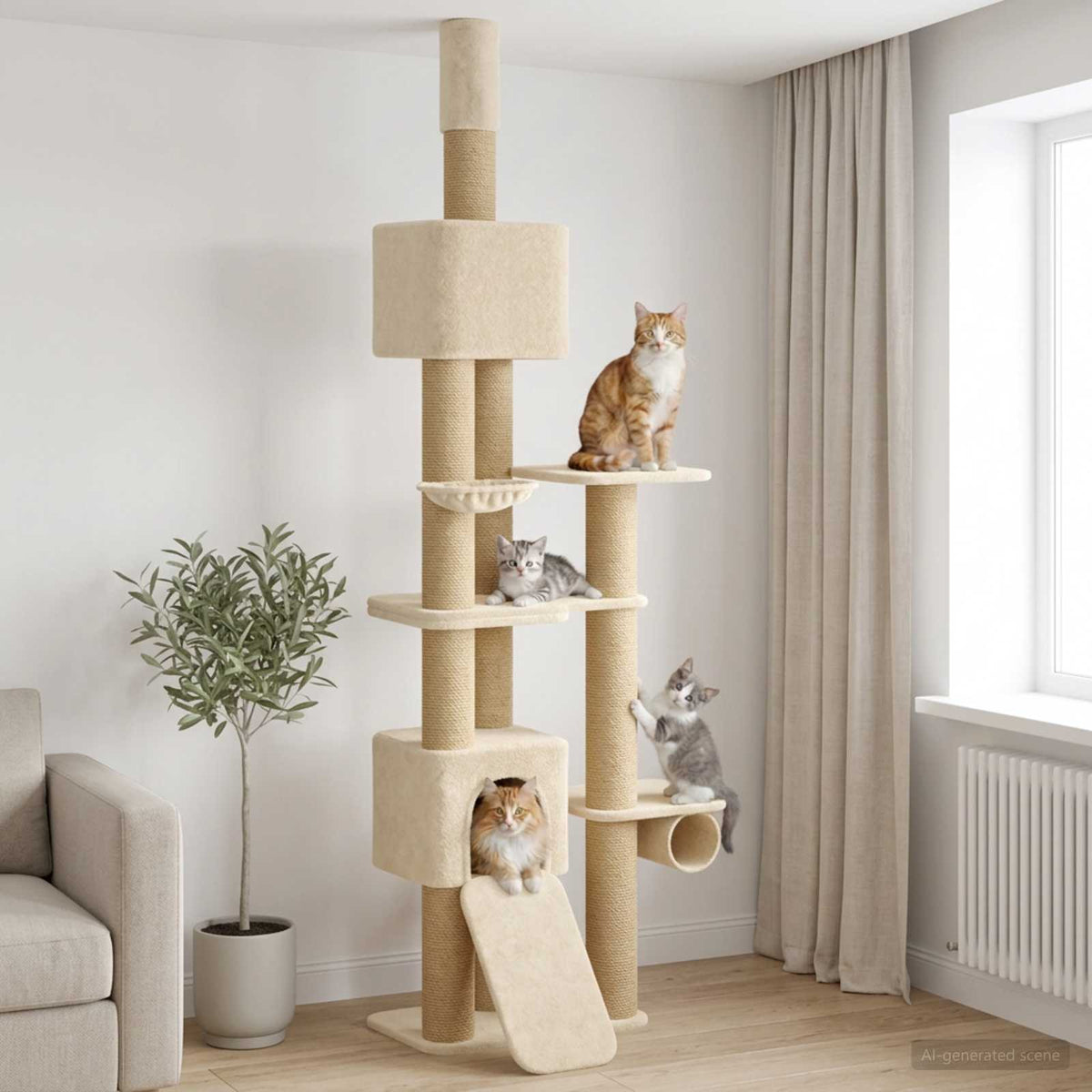 Plafonig érő macskabútor szizál oszloppal Krémszínű 257-283 cm