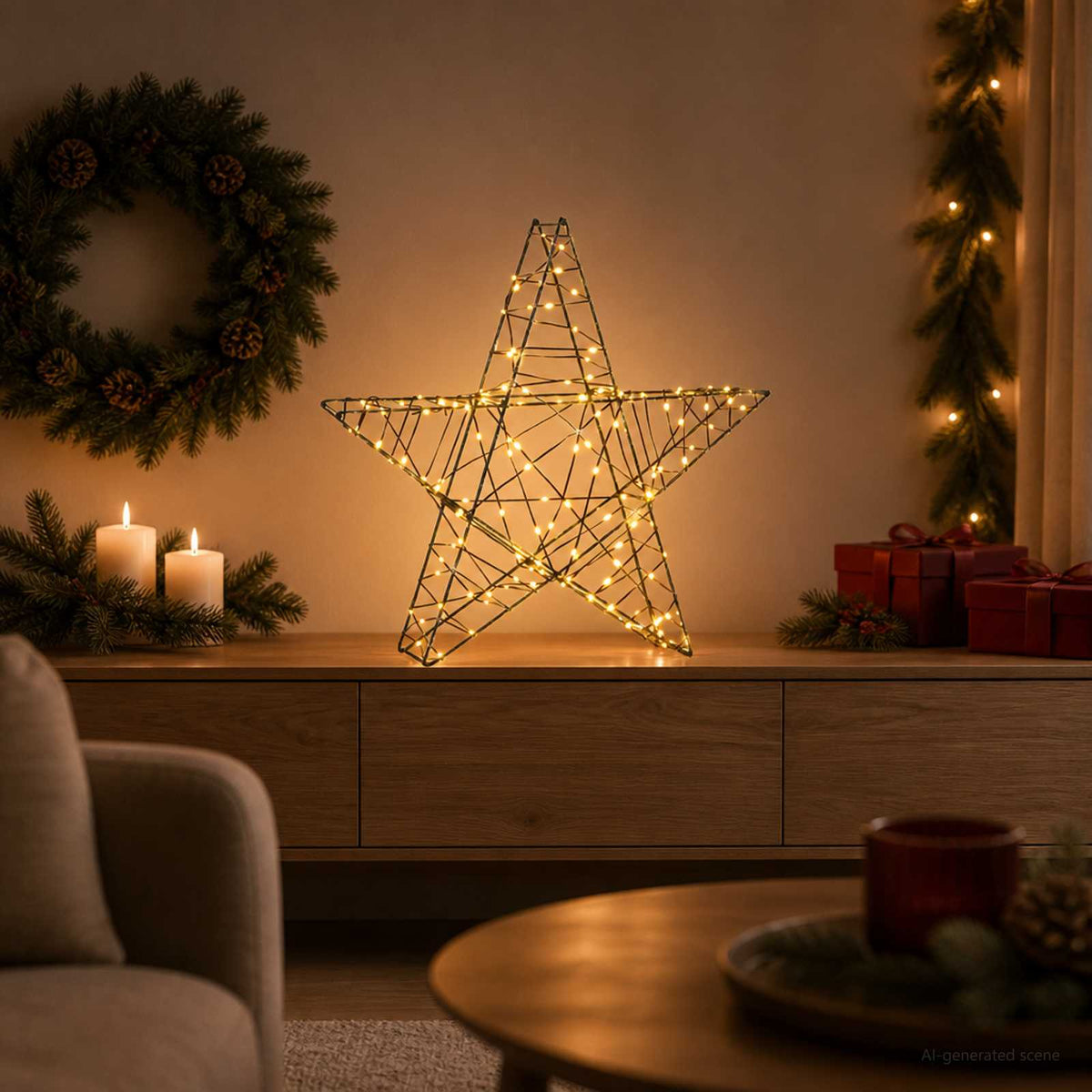 3D karácsonyi csillag 120 LED Meleg fehér 55 x 53,5 x 10 cm 3