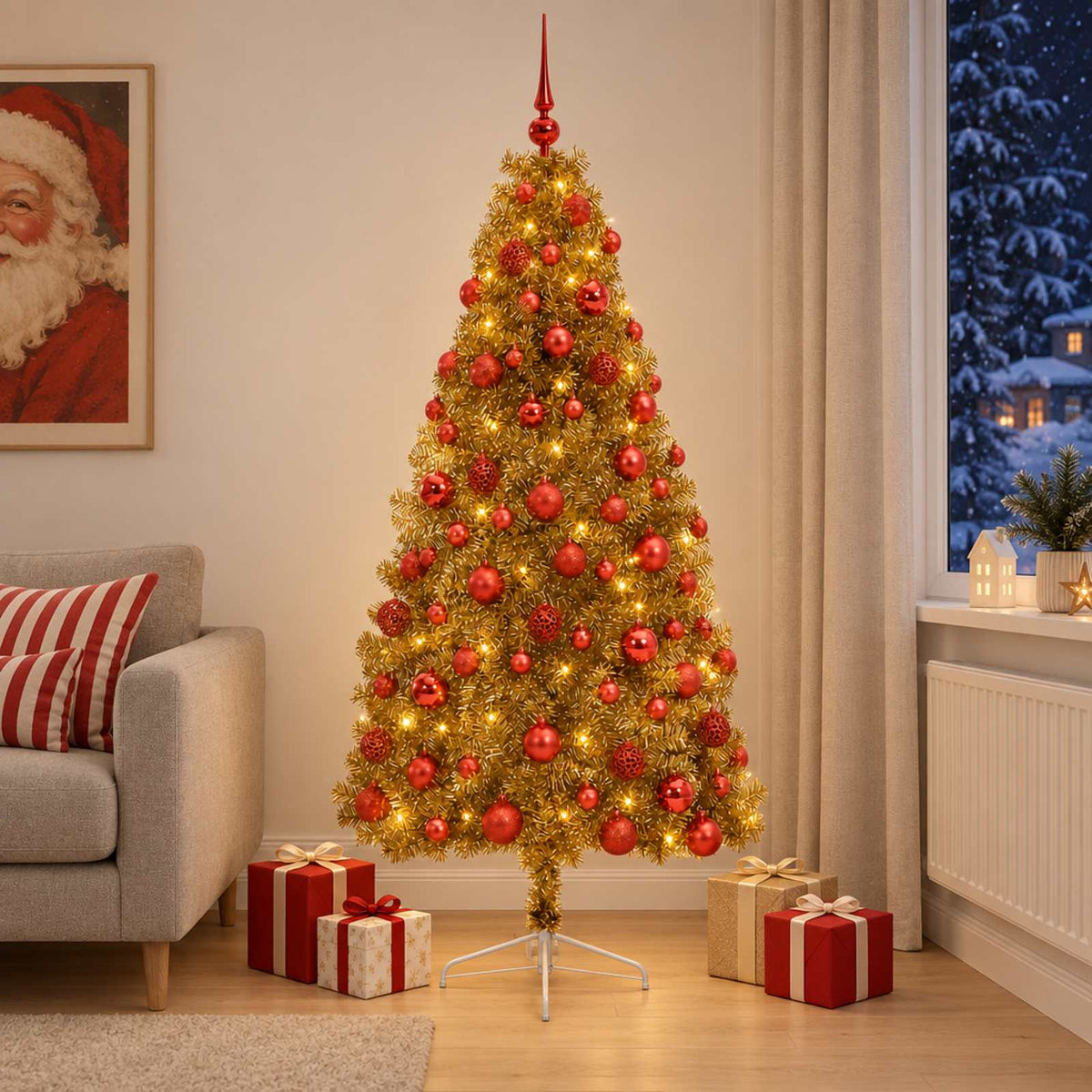 Műkarácsonyfa gömbbel 210 cm 300 LED Meleg fehér PVC és fém