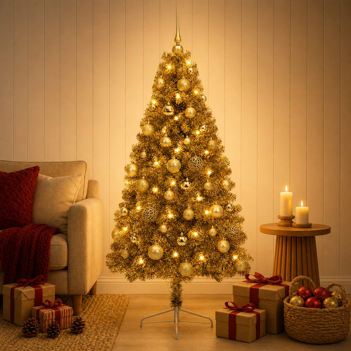 Műkarácsonyfa gömbbel 150 cm 150 LED Meleg fehér PVC és fém