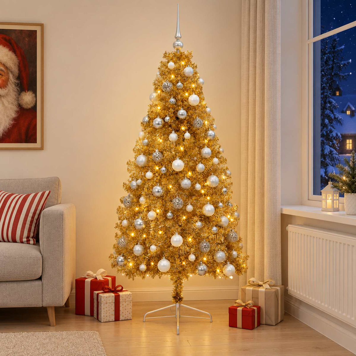 Műkarácsonyfa gömbbel 210 cm 300 LED Meleg fehér PVC és fém 3