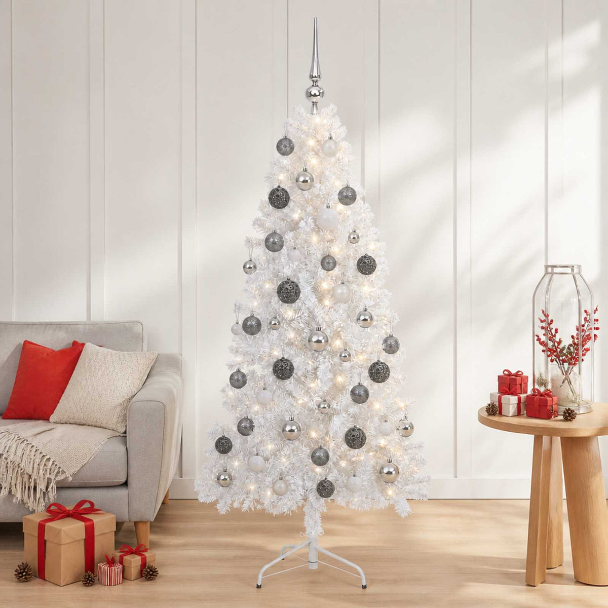 Műkarácsonyfa gömbbel 150 cm 150 LED Meleg fehér PVC és fém