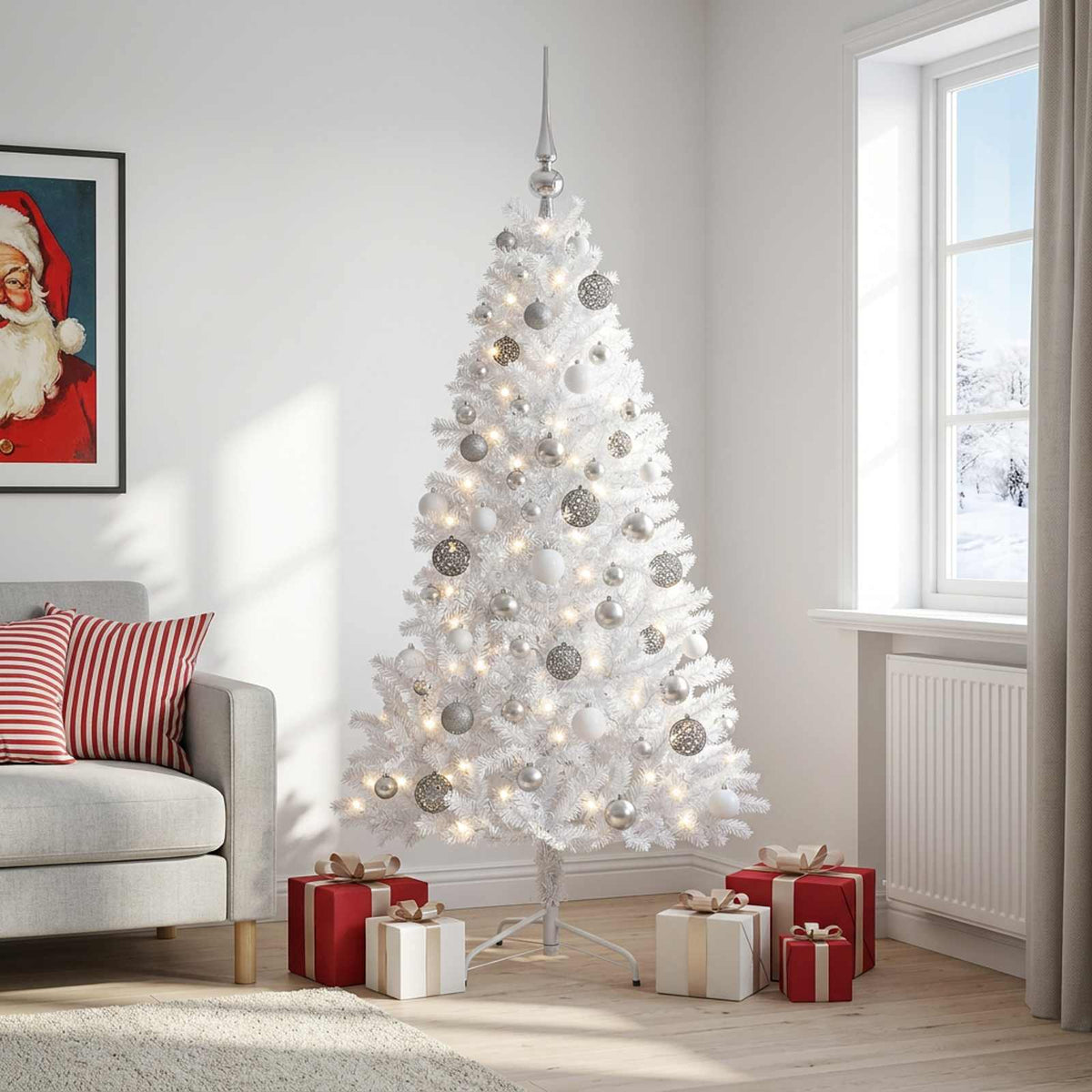 Műkarácsonyfa gömbbel 210 cm 300 LED Meleg fehér PVC és fém