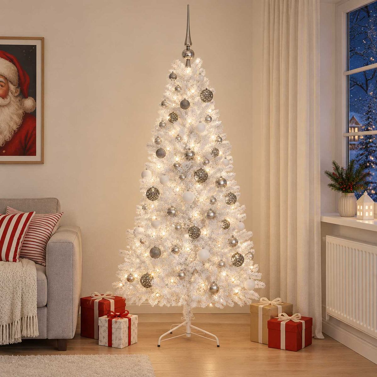 Műkarácsonyfa gömbbel 210 cm 300 LED Meleg fehér PVC és fém 3