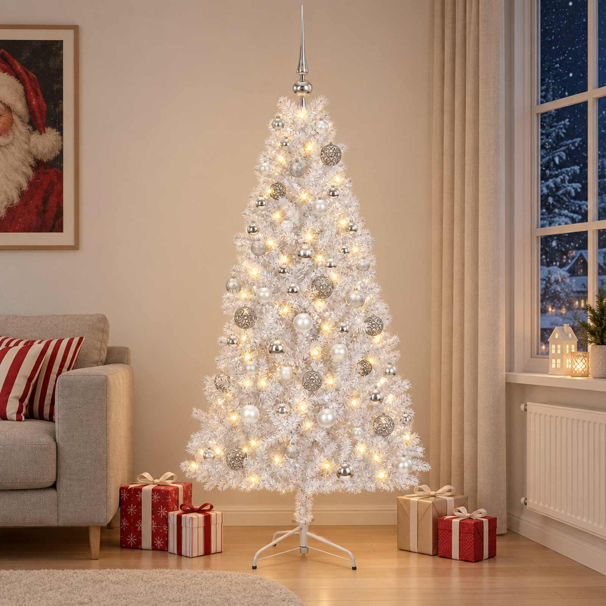 Műkarácsonyfa gömbbel 210 cm 300 LED Meleg fehér PVC és fém 3