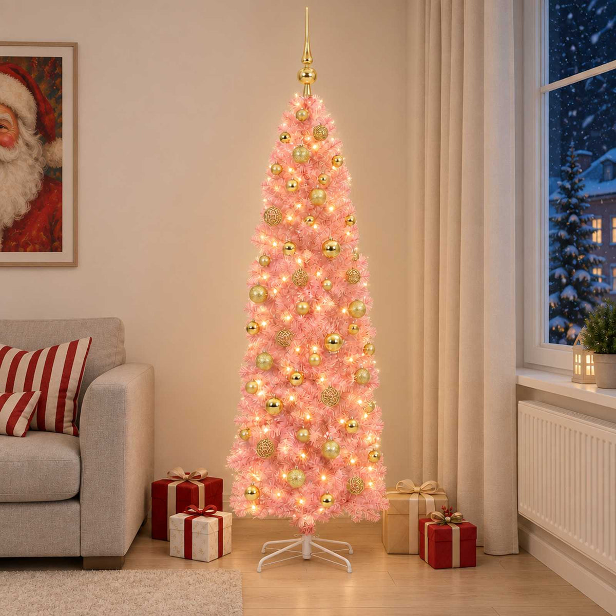 Karcsú műkarácsonyfa gömbökkel 180 cm 300 LED Meleg fehér