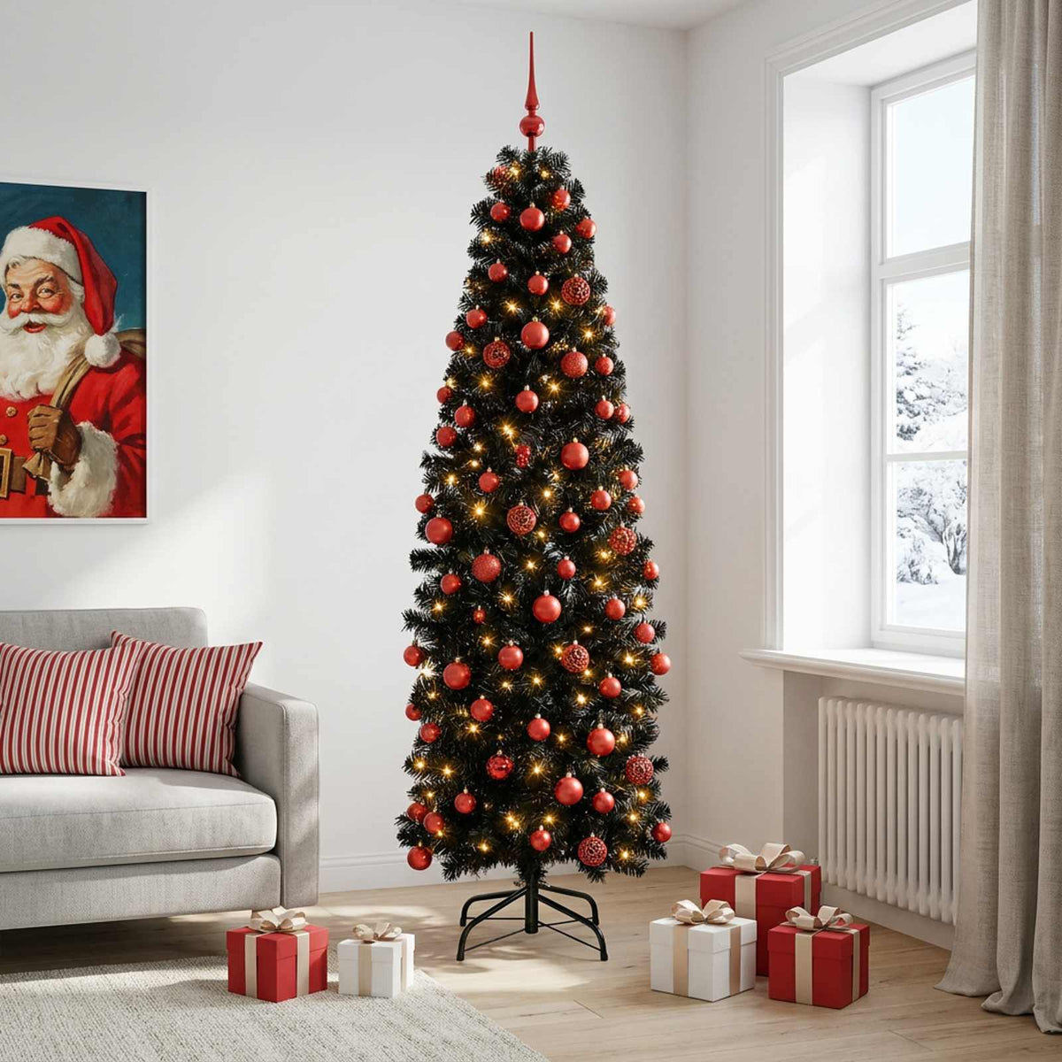 Karcsú műkarácsonyfa gömbökkel 180 cm 300 LED Meleg fehér