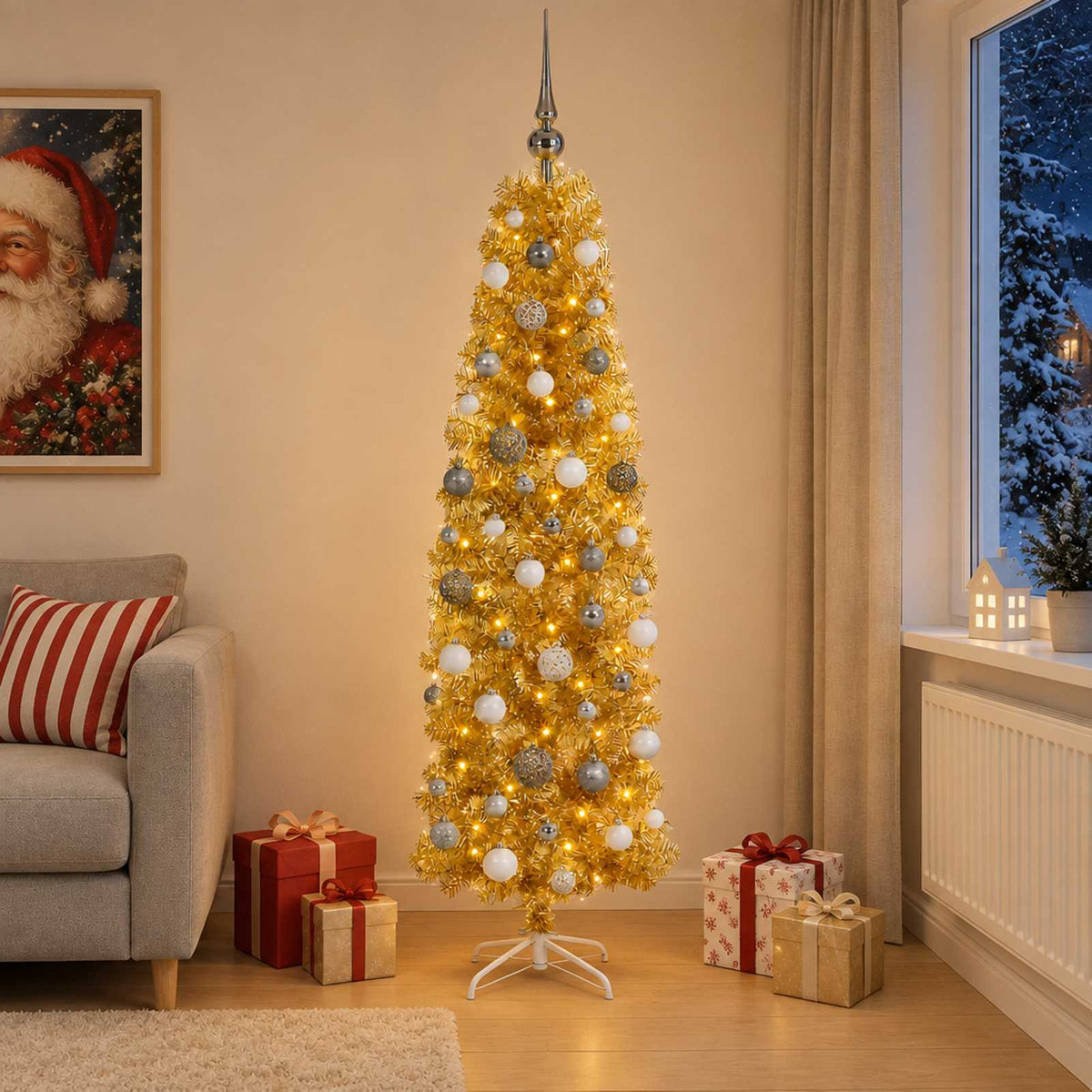 Mű vékony karácsonyfa gömbökkel 180 cm 300 LED Meleg fehér
