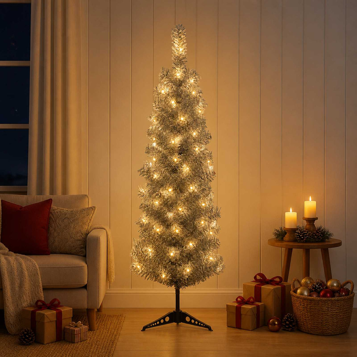 Mű Karcsú Karácsonyi Fa 150 cm 150 LED Meleg fehér PVC és fém
