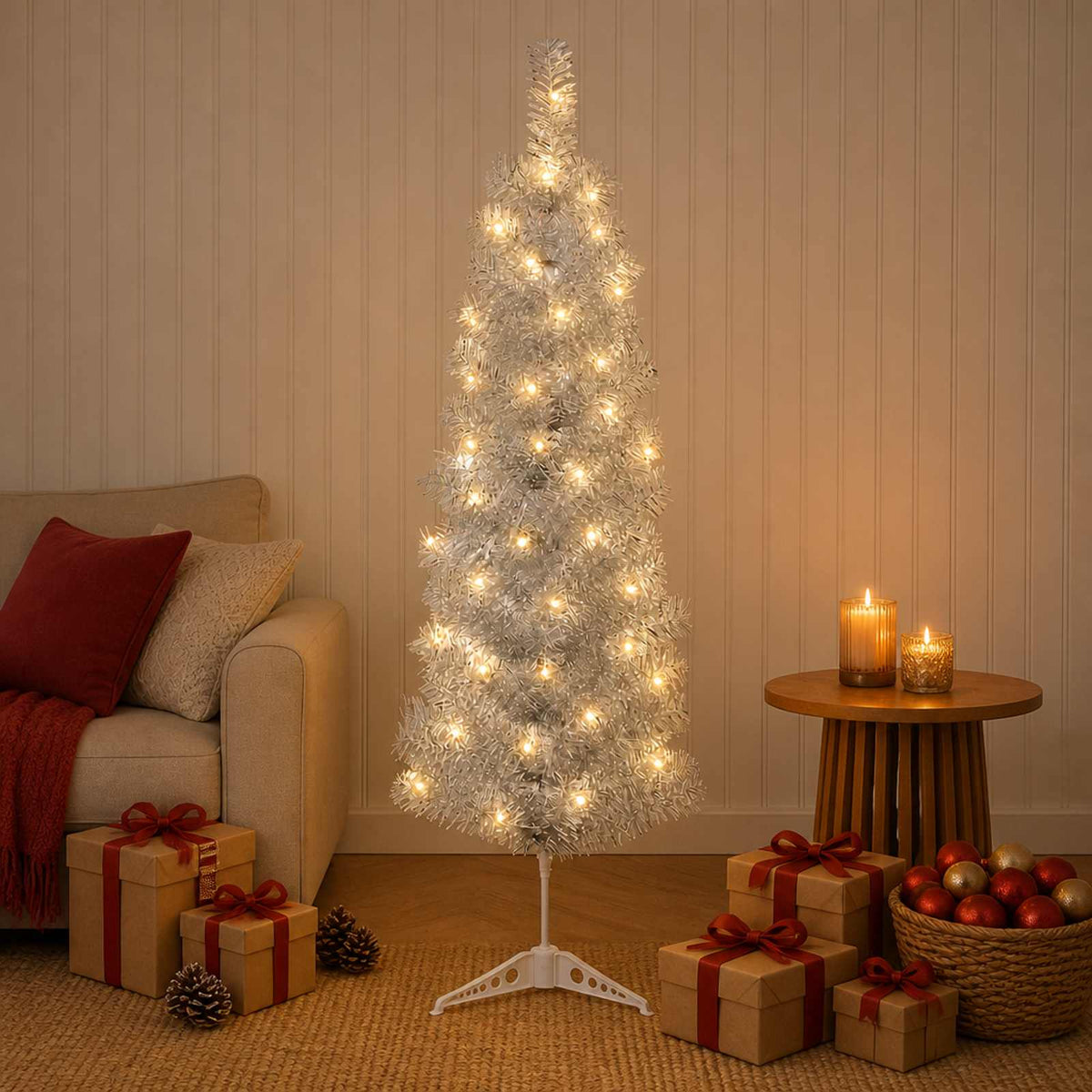 Mű Karcsú Karácsonyi Fa 150 cm 150 LED Meleg fehér PVC és fém 3