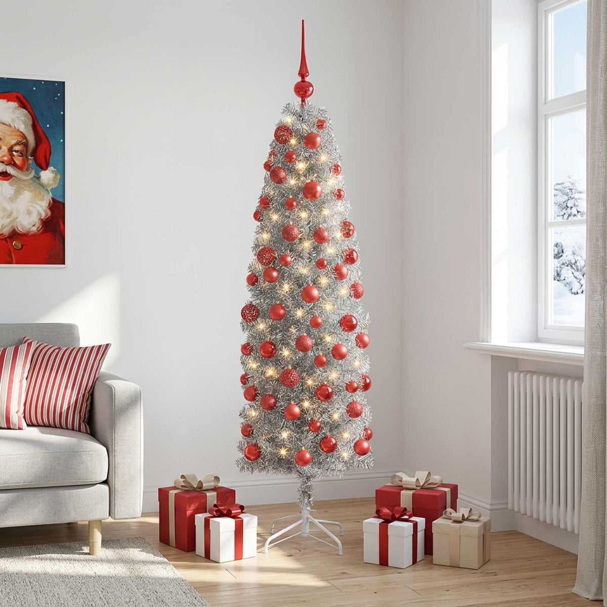 Karcsú műkarácsonyfa gömbökkel 180 cm 300 LED Meleg fehér 3