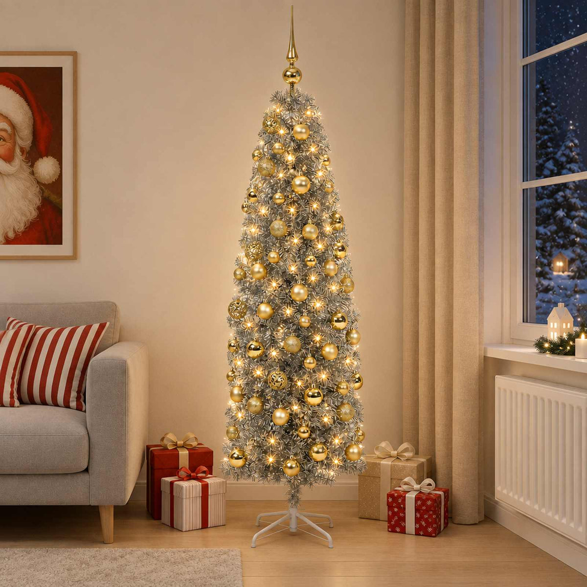 Karcsú műkarácsonyfa gömbökkel 180 cm 300 LED Meleg fehér