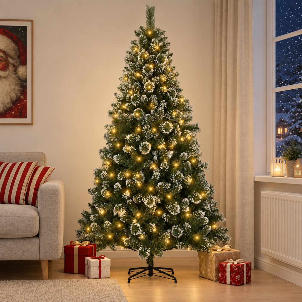 Mű karácsonyfa 150 cm 150 LED Meleg fehér PVC és fém Zöld