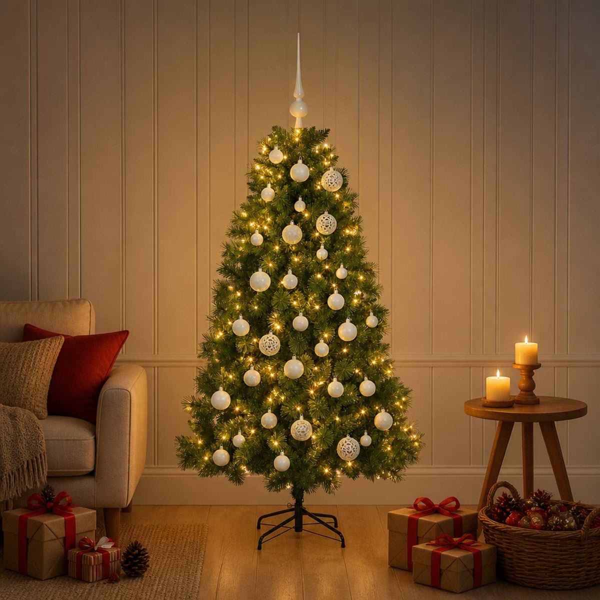 Műkarácsonyfa gömbökkel 150 cm 150 LED Meleg fehér PVC és fém
