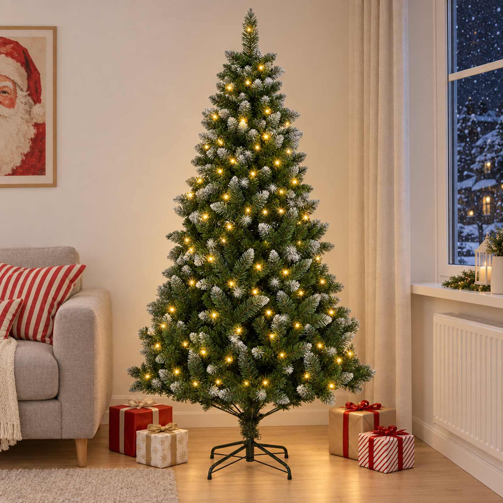 Mű karácsonyfa 240 cm 300 LED Meleg fehér PVC és fém Zöld