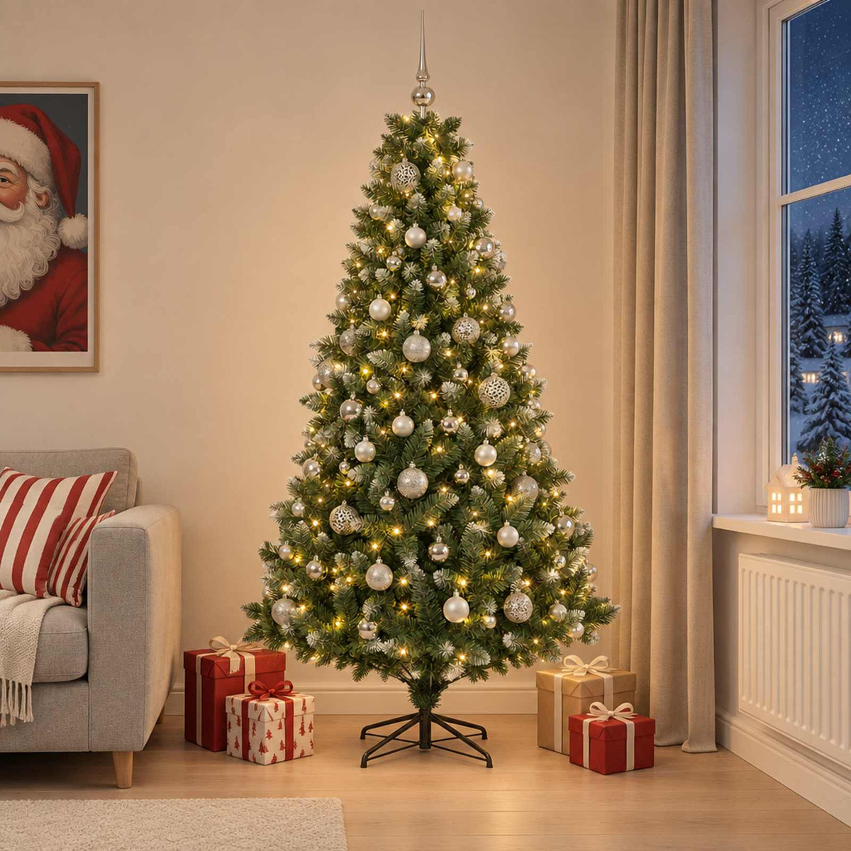 Műfenyő gömbökkel 240 cm 300 LED Meleg fehér PVC és fém Zöld