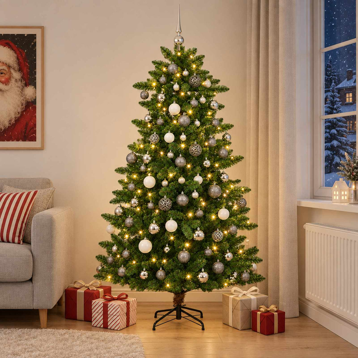 Műfenyő gömbökkel 240 cm 300 LED Meleg fehér PVC és fém Zöld
