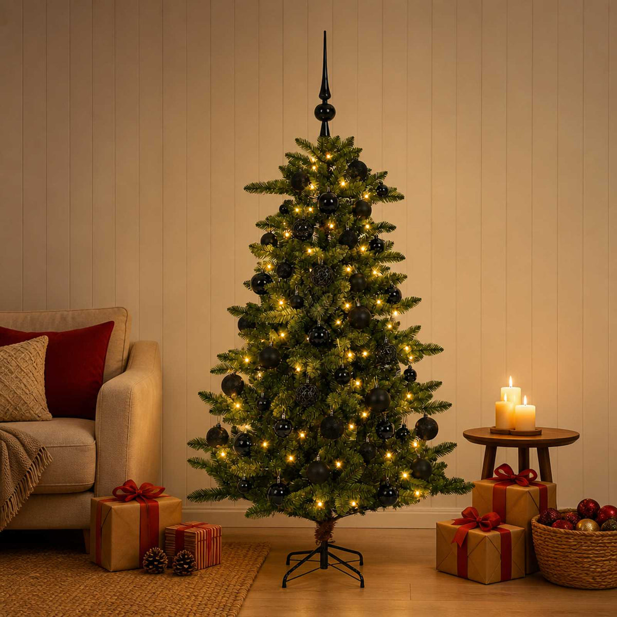 Műfenyő gömbökkel 150 cm 150 LED Meleg fehér PVC és fém Zöld