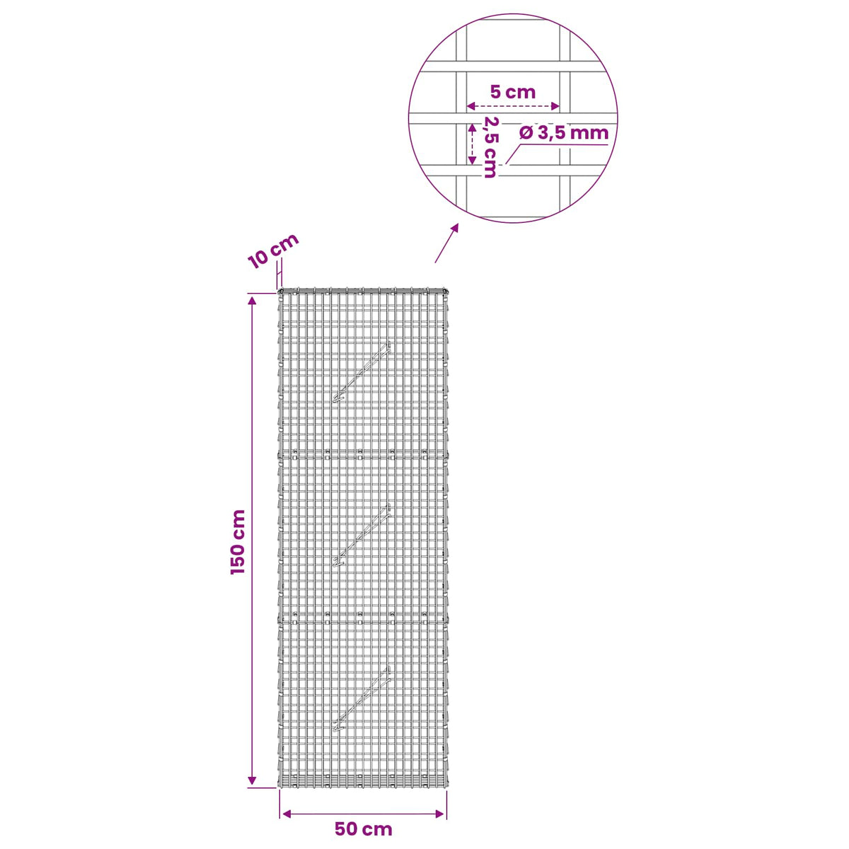 Gabion 3,5 mm-es dróttal és 5x2,5 cm-es hálóval 50x10x150 cm 6