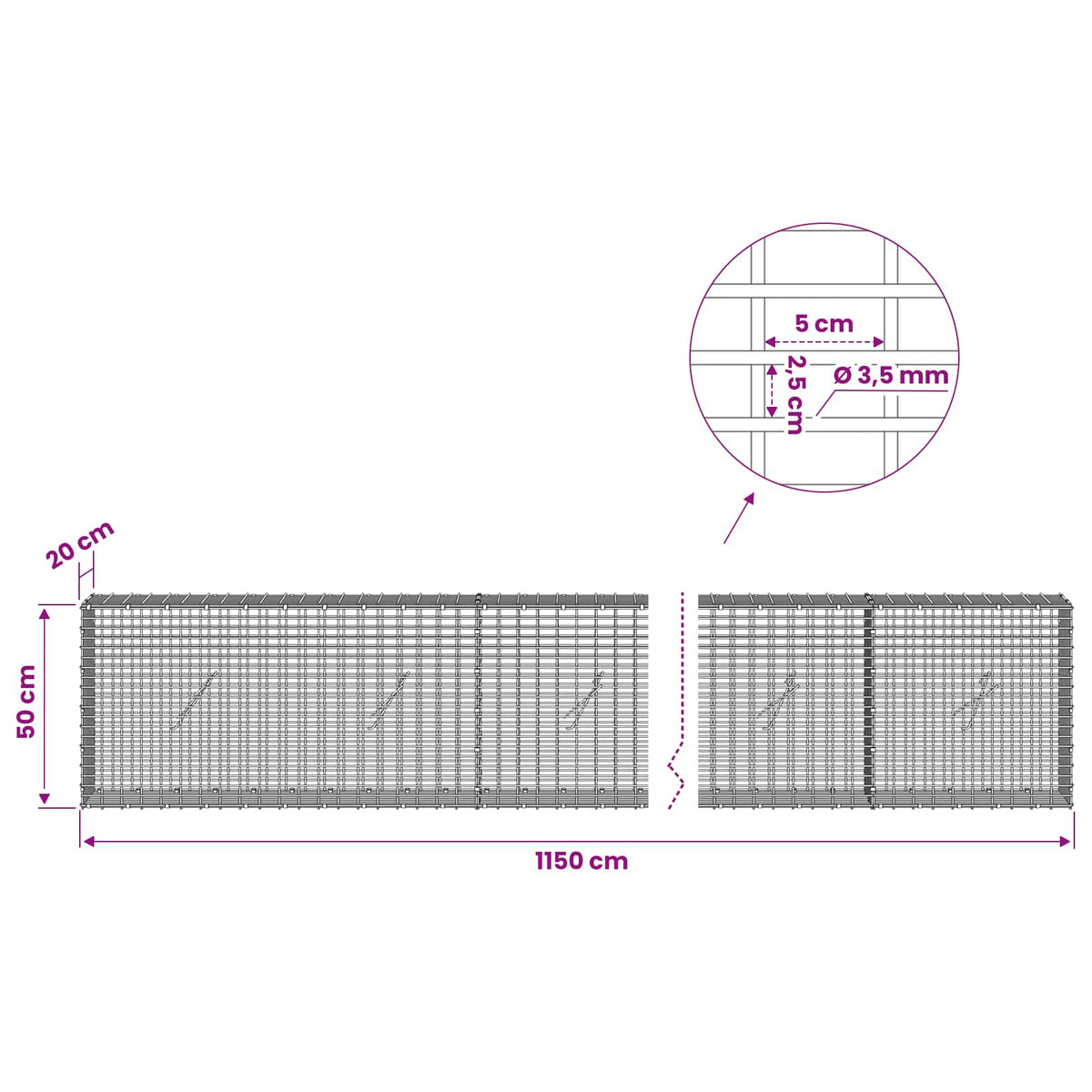 Gabion 3,5 mm-es dróttal és 5x2,5 cm-es hálóval 1150x20x50 cm 6