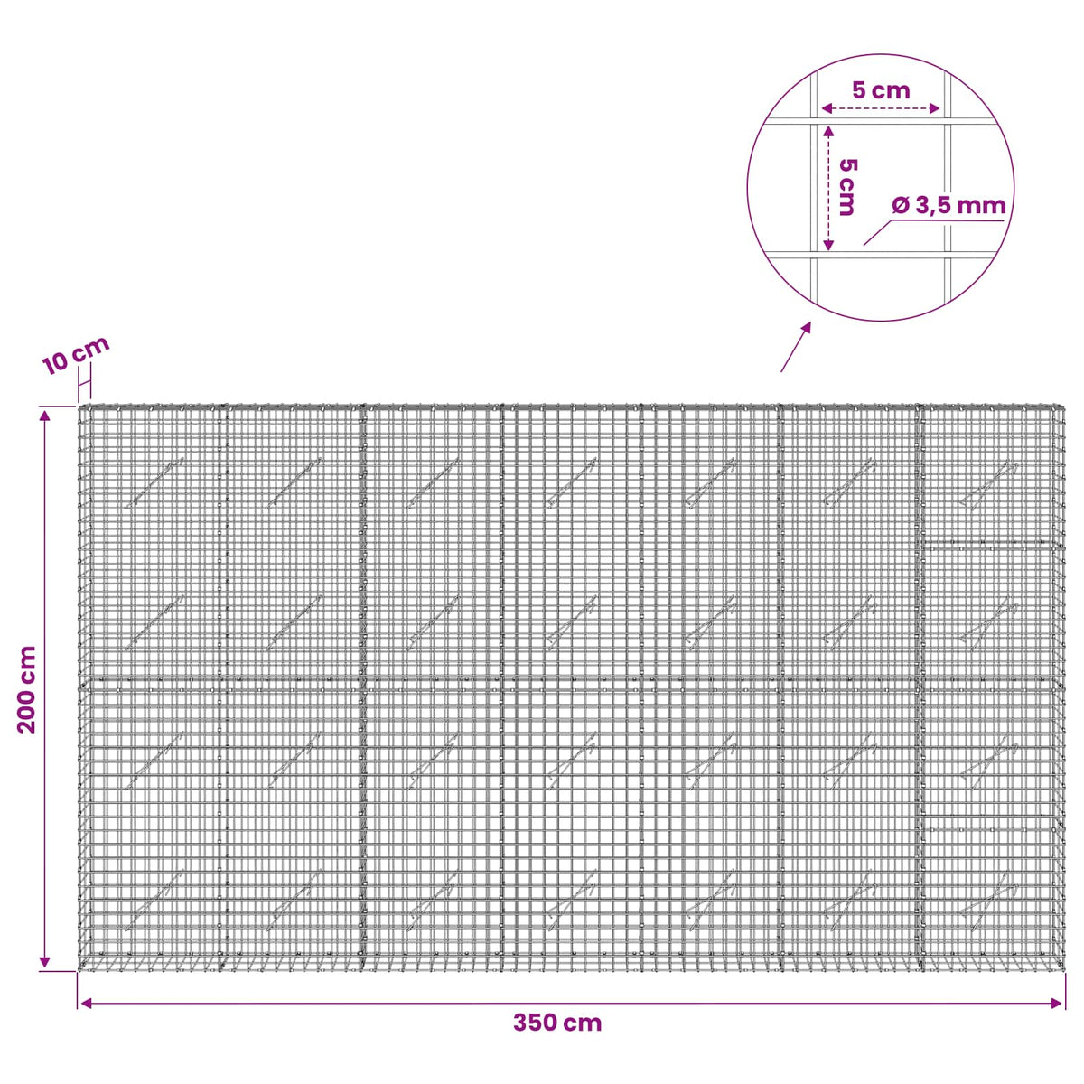 Gabion 3,5 mm Dróttal és 5x5 cm Rácsos 350x10x200 cm 6