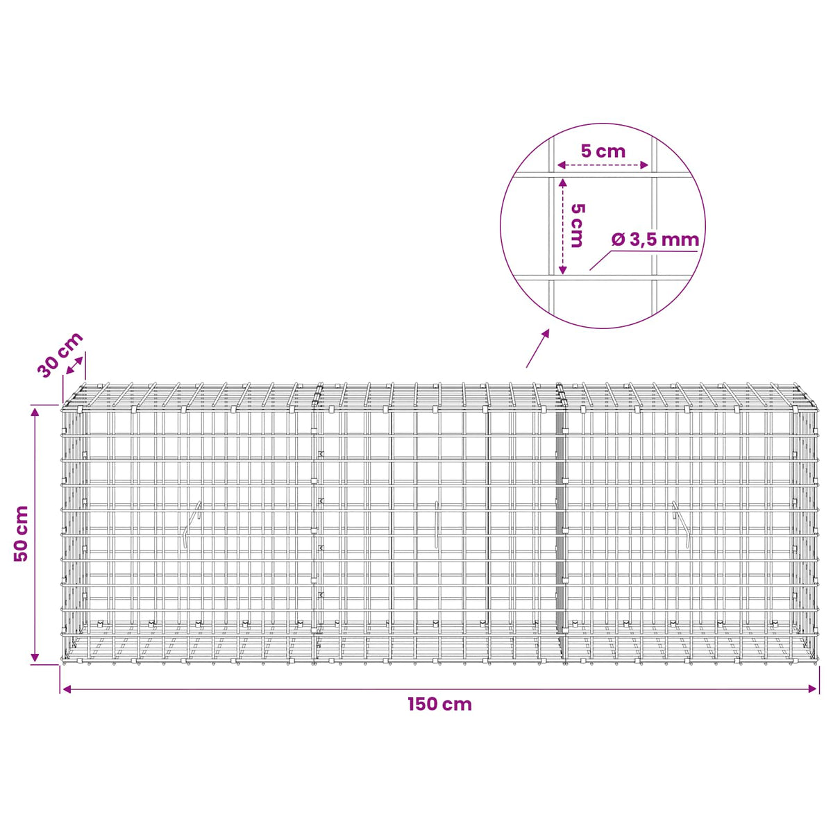 Gabion 3,5 mm Dróttal és 5x5 cm Rácsos 150x30x50 cm 6