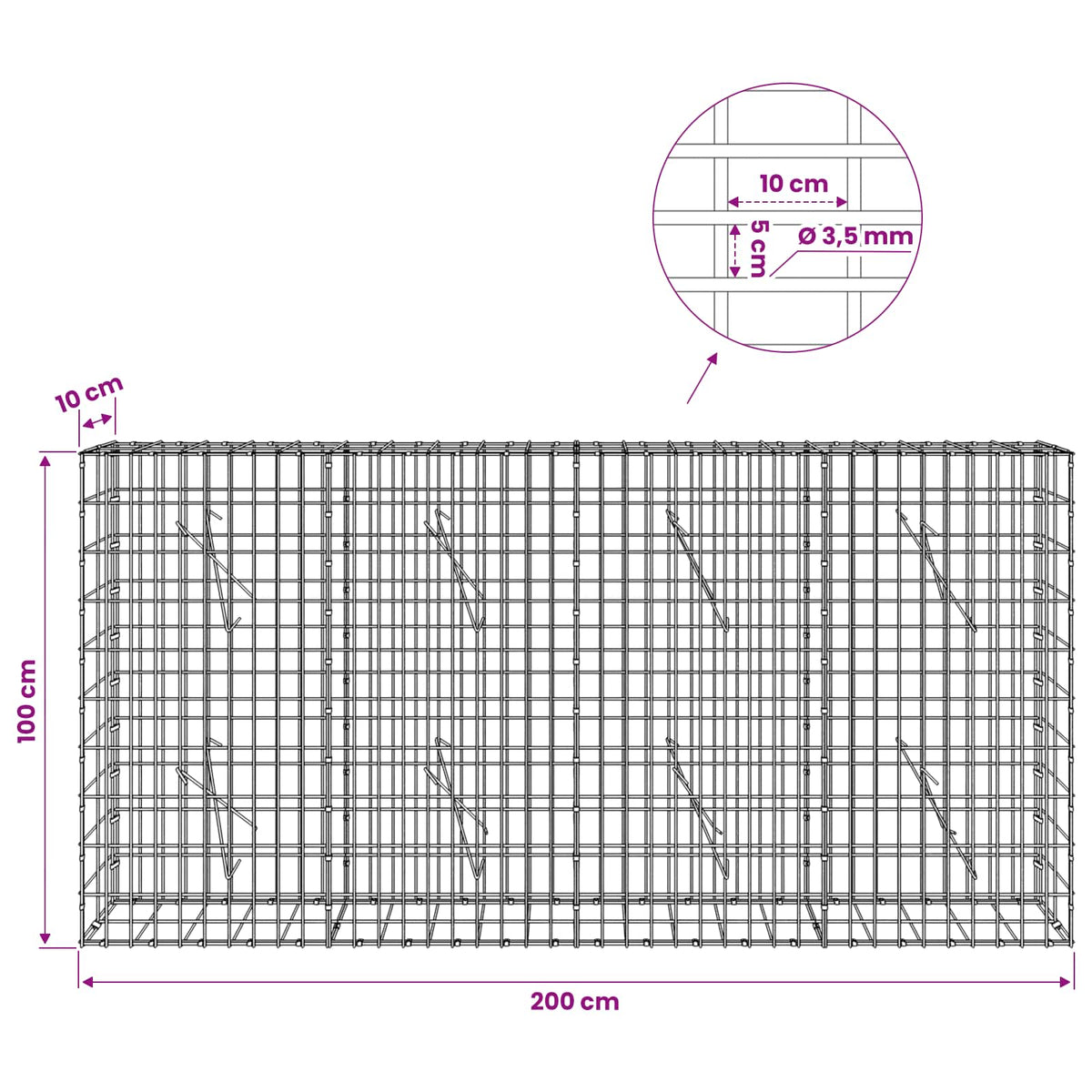 Gabion 3,5 mm dróttal és 5x10 cm-es hálóval 200x10x100 cm 6