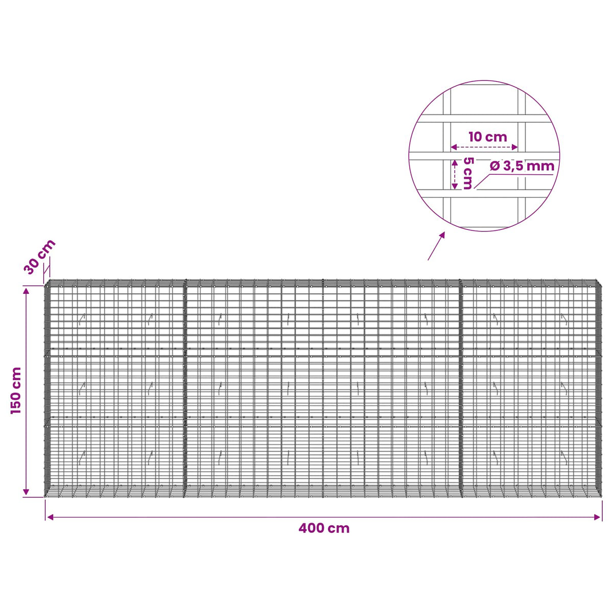 Gabion 3,5 mm dróttal és 5x10 cm-es hálóval 400x30x150 cm 6