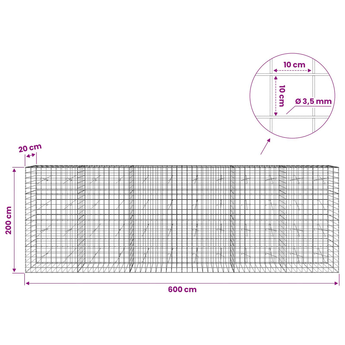 Gabion 3,5 mm Dróttal és 10x10 cm Rácsos 600x20x200 cm 6