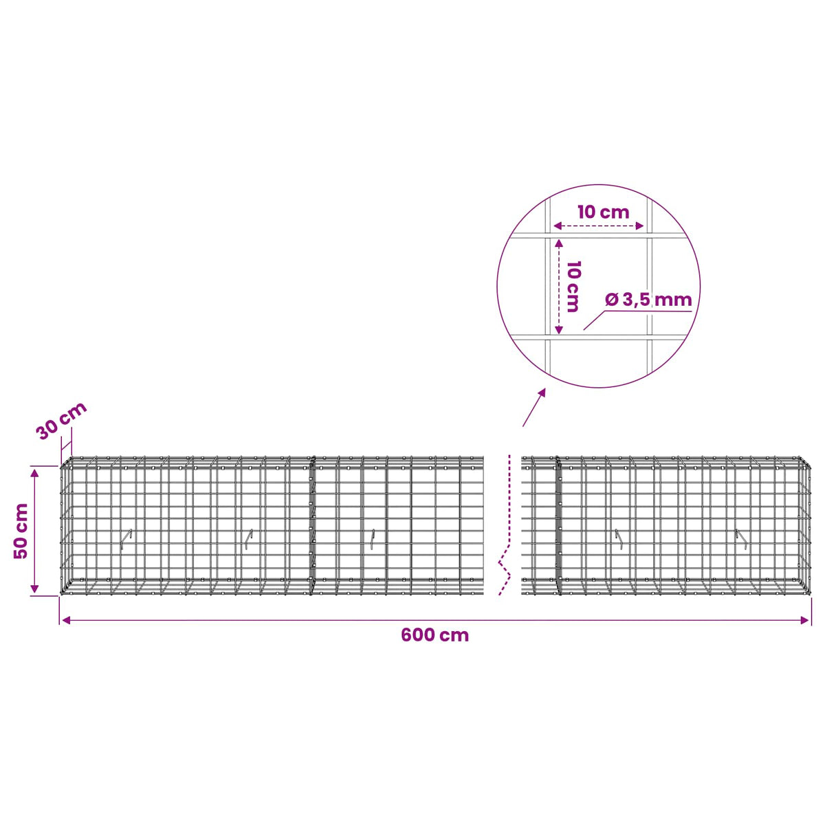 Gabion 3,5 mm Dróttal és 10x10 cm Rácsos 600x30x50 cm 6
