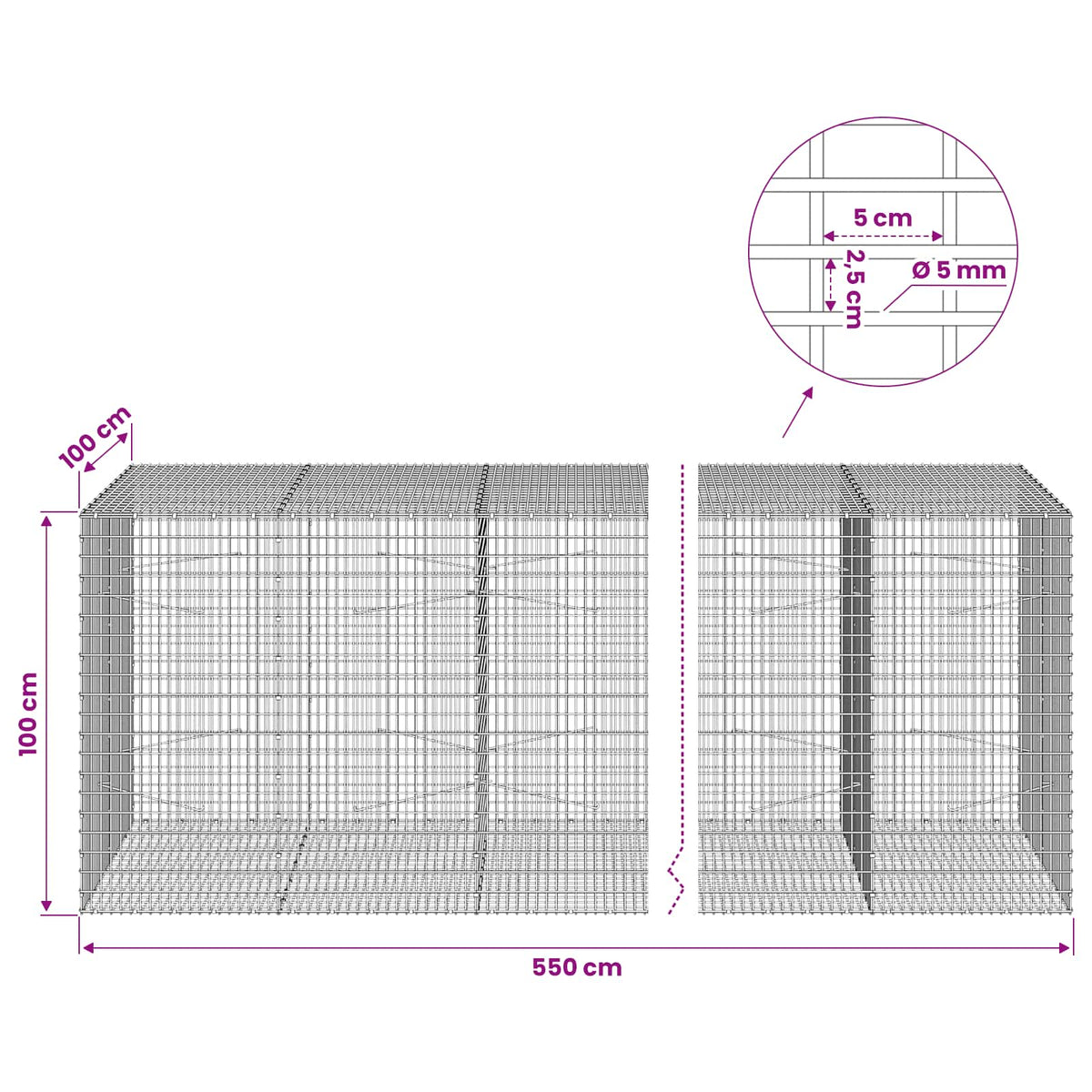 Gabion 5 mm Dróttal és 5x2,5 cm Rácsos 550x100x100 cm 6