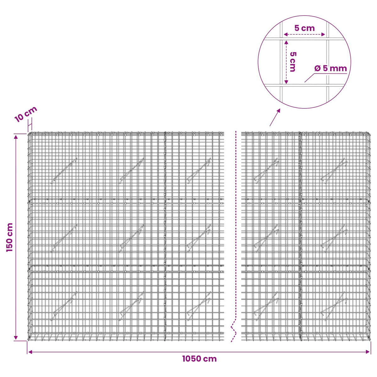 Gabion 5 mm-es dróttal és 5x5 cm-es hálóval 1050x10x150 cm 6