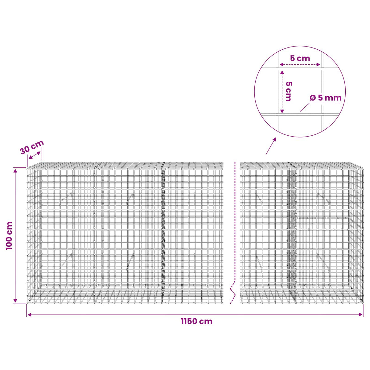 Gabion 5 mm-es dróttal és 5x5 cm-es hálóval 1150x30x100 cm 6