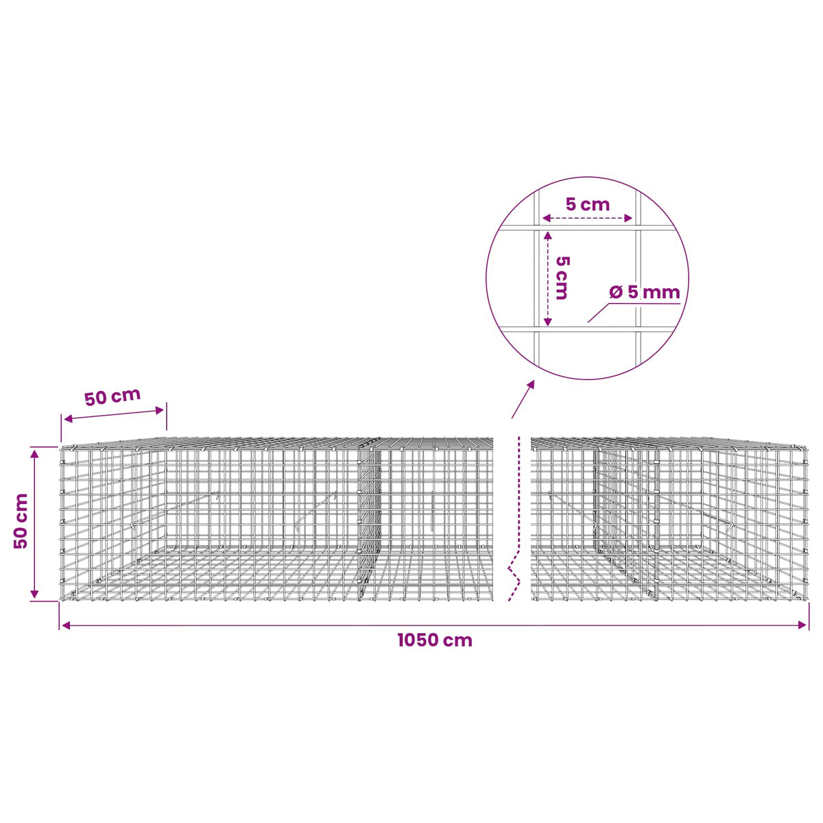 Gabion 5 mm-es dróttal és 5x5 cm-es hálóval 1050x50x50 cm 6