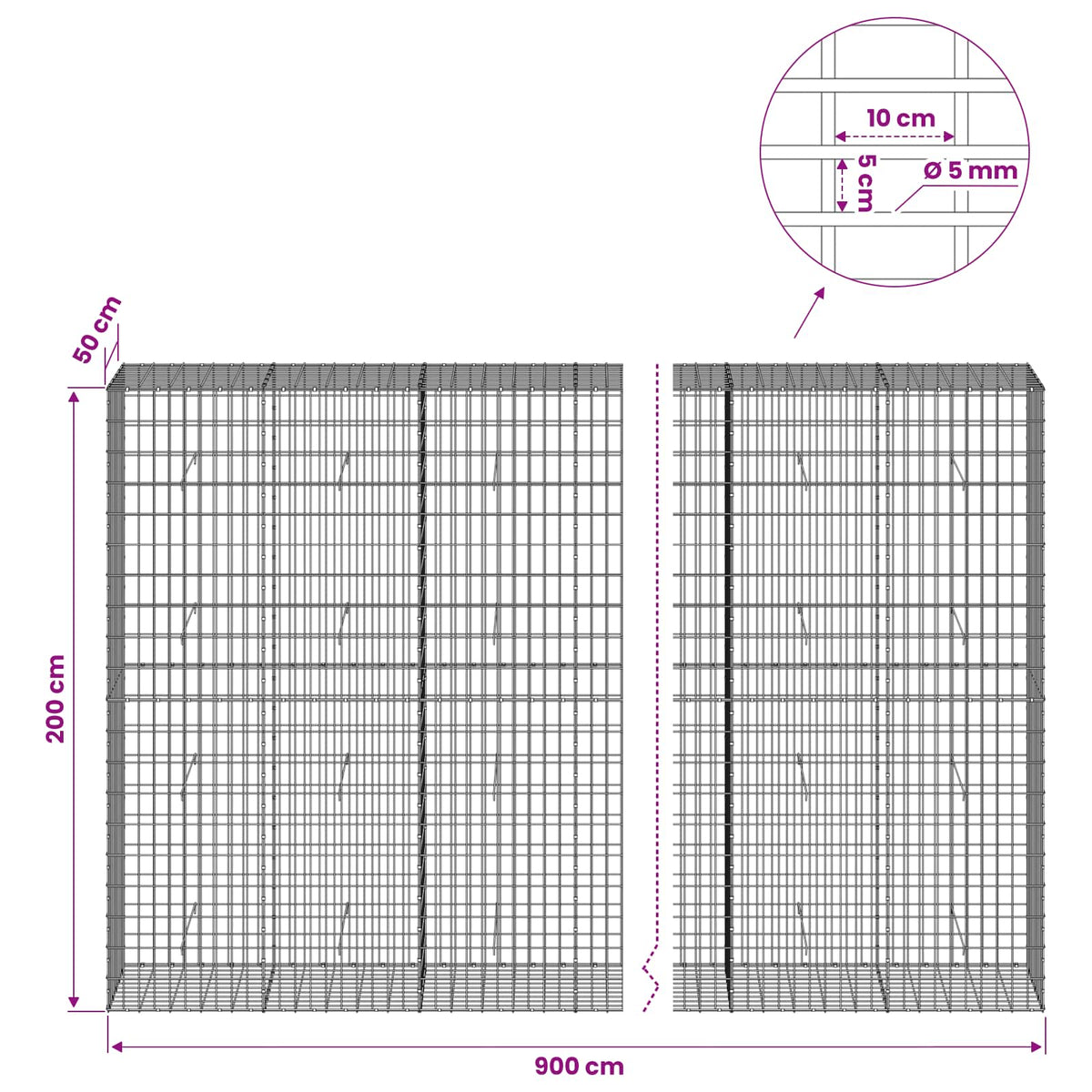 Gabion 5 mm Dróttal és 5x10 cm Rácsos 900x50x200 cm 6