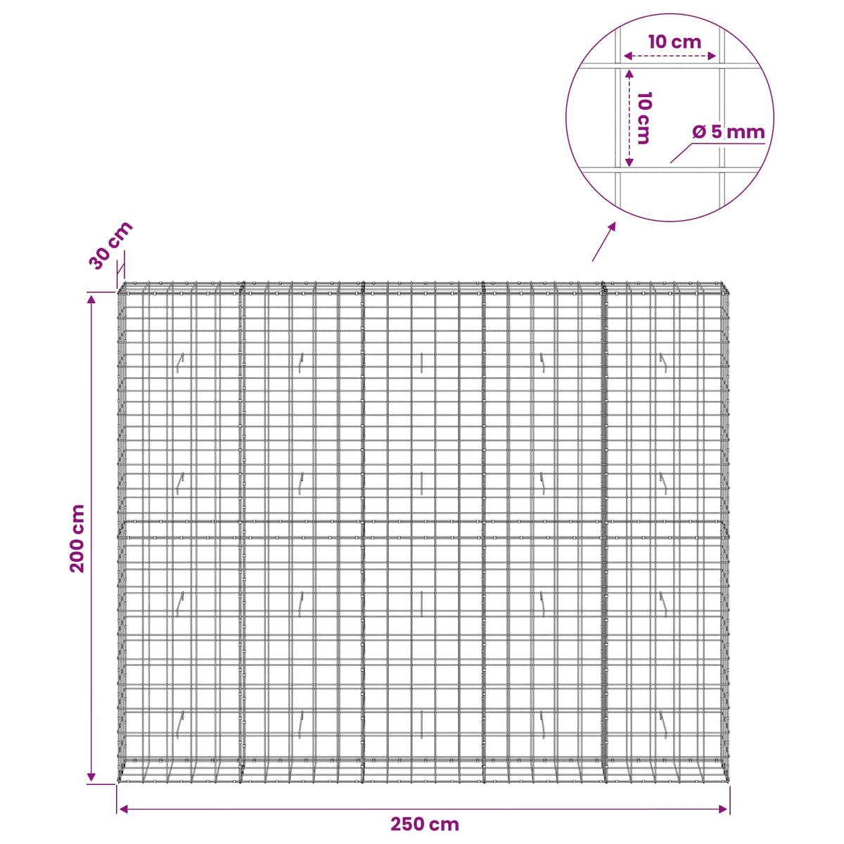 Gabion 5 mm-es dróttal és 10x10 cm-es hálóval 250x30x200 cm 6