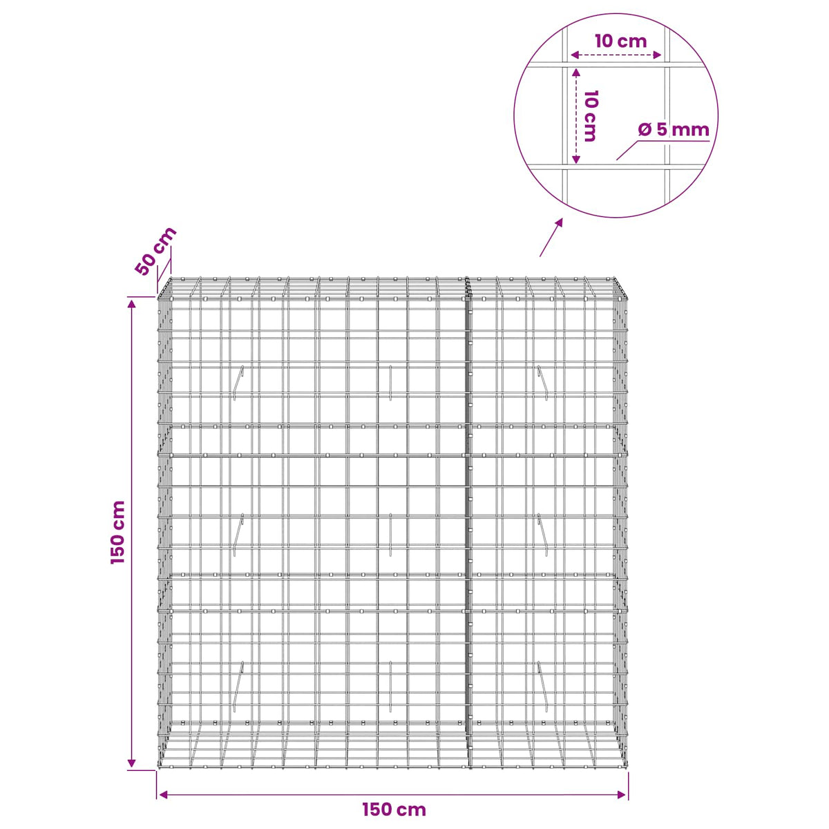 Gabion 5 mm-es dróttal és 10x10 cm-es hálóval 150x50x150 cm 6