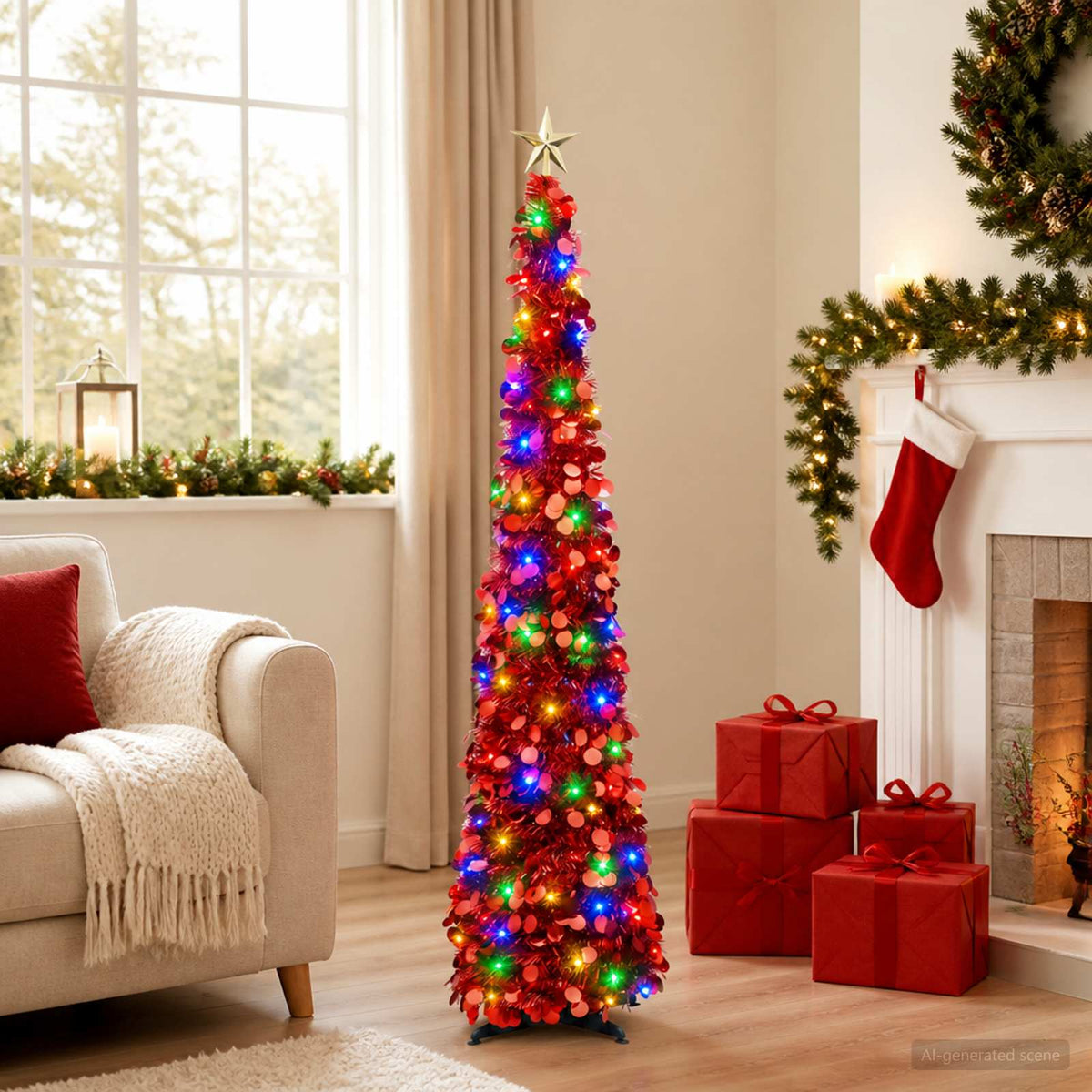 Pop-up LED-es karácsonyfa csúcsdísszel 150 cm 50 LED PET Piros 3