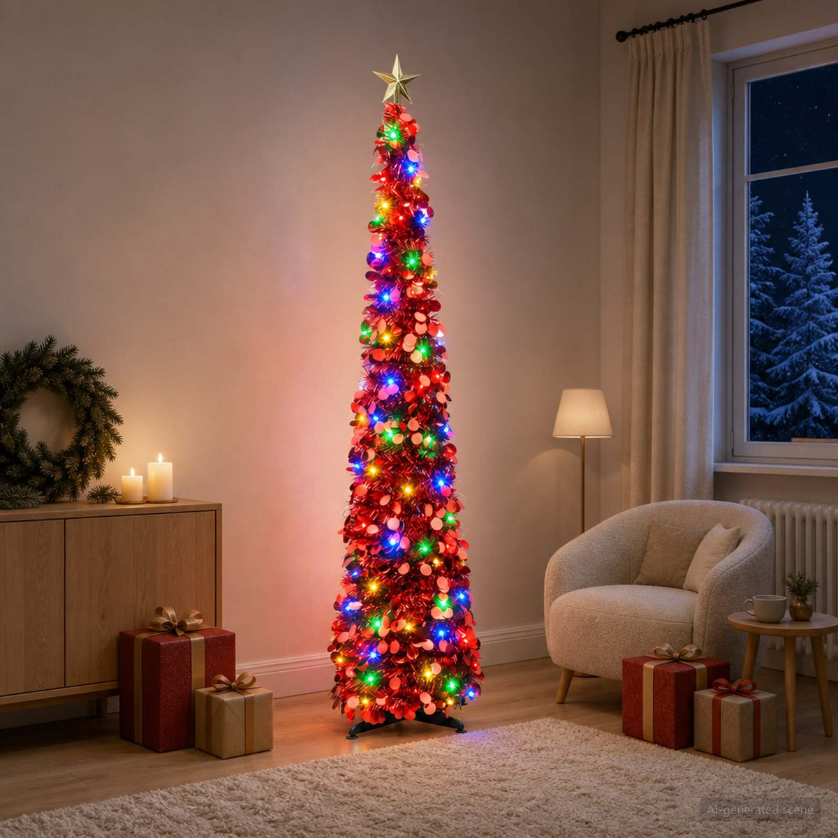Pop-up LED-es karácsonyfa csúcsdísszel 180 cm 100 LED PET Piros