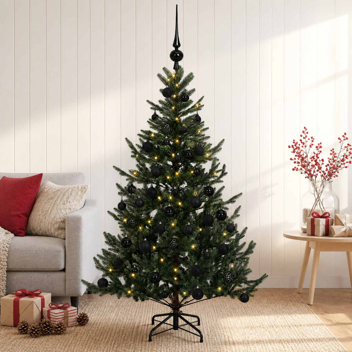Műkarácsonyfa gömbbel 150 cm 150 LED Meleg fehér PVC és fém