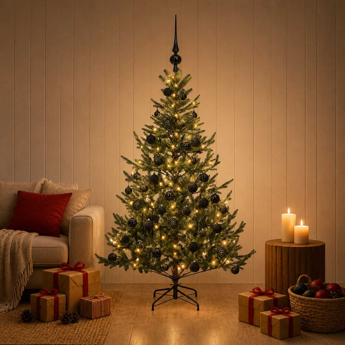 Műkarácsonyfa gömbbel 150 cm 150 LED Meleg fehér PVC és fém 3