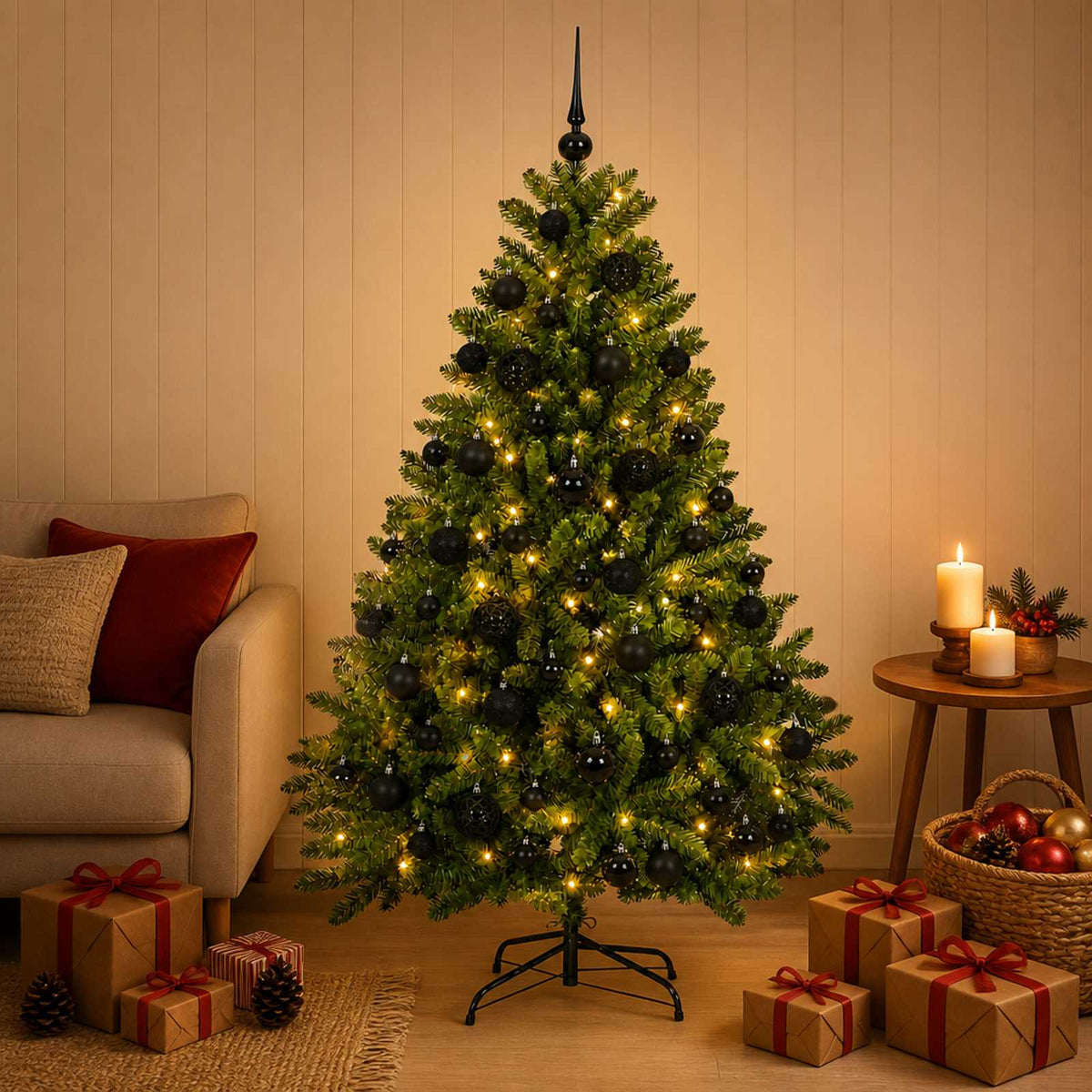 Világos zöld műkarácsonyfa díszgömbökkel 120 cm 150 LED