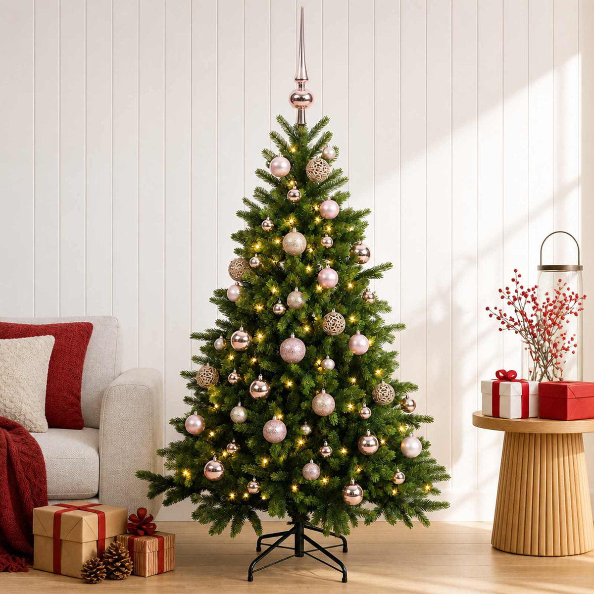 Műkarácsonyfa gömbbel 120 cm 150 LED Meleg fehér PVC és fém